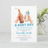 Invitation Blue Hand Drawn Minimalist A baby Boy is brewing (Debout devant)