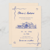 Invitation Blue Hand Drawn Sketch Venue Wedding (Devant / Derrière)