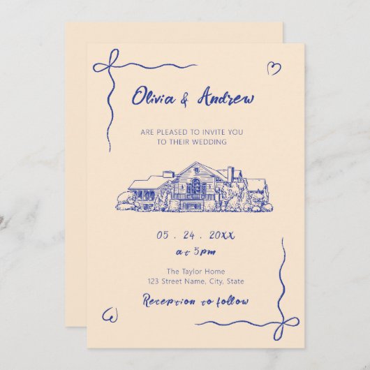 Invitation Blue Hand Drawn Sketch Venue Wedding (Devant / Derrière)