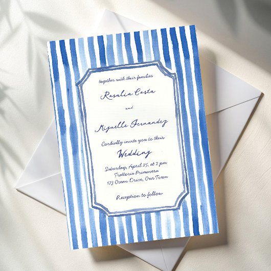 Invitation Blue hand drawn vintage stripes wedding