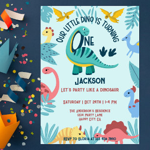 Invitation Blue Happy Little Dinosaures Un garçon 1er anniver