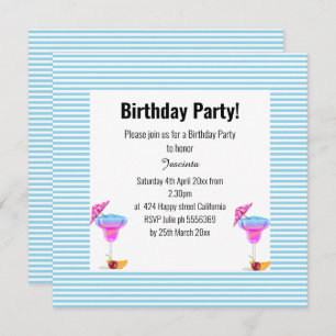 INVITATION BLUE HAWAIIAN STRIPED THÈME ANNIVERSAIRE