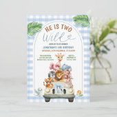 Invitation Blue He is Two Wild Safari Animals Birthday Party (Debout devant)