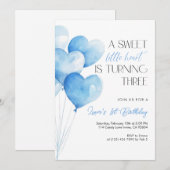 Invitation Blue Heart Balloon 3rd Birthday (Devant / Derrière)