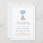 Invitation Blue Heart Balloon Teddy Bear 1st Birthday (Devant)
