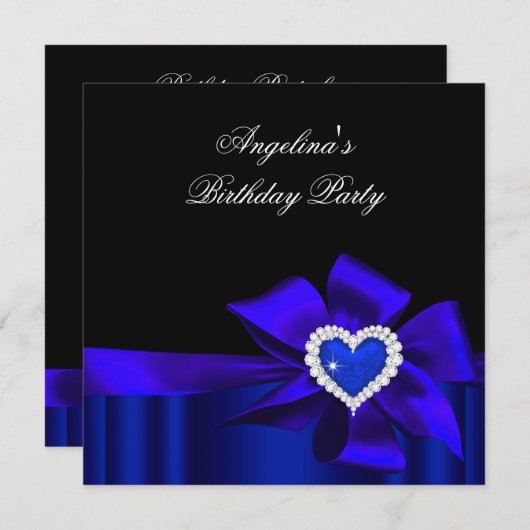 Invitation Blue Heart Black Anniversaire de fête Bow Image (Devant / Derrière)