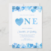 Invitation Blue Heart One First Birthday Valentines (Devant)