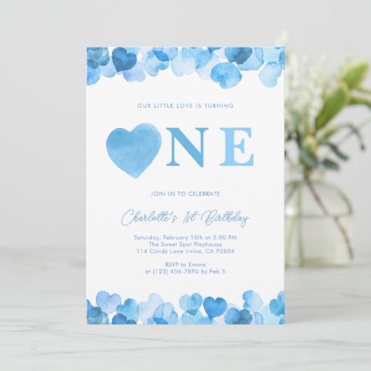 Invitation Blue Heart One First Birthday Valentines (Debout devant)