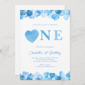 Invitation Blue Heart One First Birthday Valentines (Devant / Derrière)