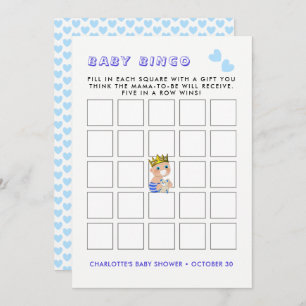 Invitation Blue Heart Prince Baby Boy Shoy Party Bingo