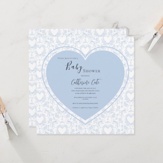 Invitation Blue Hearts Vintage Baby Shower (Devant/Arrière en situation)