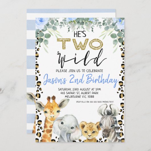 Invitation Blue He's Two Wild Cheetah Imprimer 1er anniversai (Devant / Derrière)