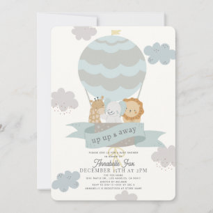Invitation Blue Hot Air Balloon Animaux Baby shower garçon