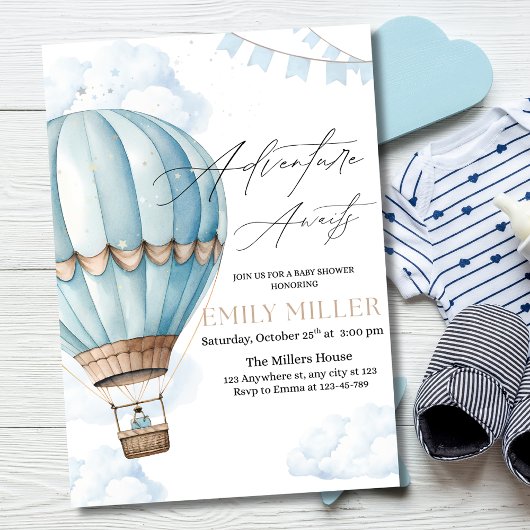 Invitation Blue Hot Air Balloon Baby shower Invitation, Garço
