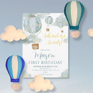 Invitation Blue Hot Air Balloon Boy Premier anniversaire