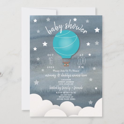 Invitation Blue Hot Air Balloon + Stars Boy Baby shower (Devant)