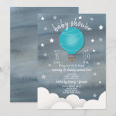 Invitation Blue Hot Air Balloon + Stars Boy Baby shower (Devant / Derrière)