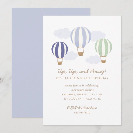 Invitation Blue Hot Air Balloons Boy Birthday Party (Devant / Derrière)