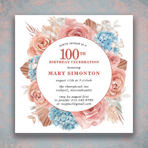 Invitation Blue Hydgrangea Rose rose Floral 100e anniversaire