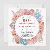 Invitation Blue Hydgrangea Rose rose Floral 100e anniversaire (Devant)