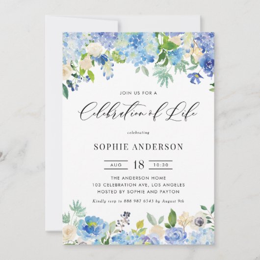 Invitation Blue Hydrangea and Ivory Rose Celebration of Life (Devant)