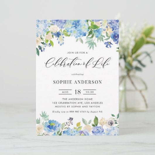 Invitation Blue Hydrangea and Ivory Rose Celebration of Life (Debout devant)