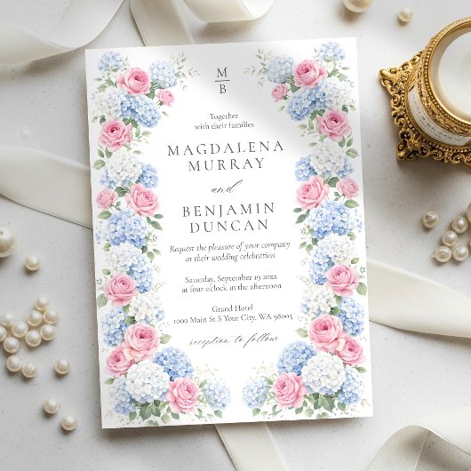 Invitation Blue Hydrangea and Pink Rose Floral Garden Wedding
