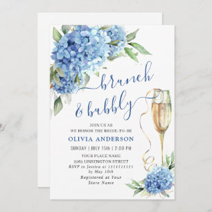 Invitation Blue Hydrangea Aquarelle Brunch floral et Bubbly
