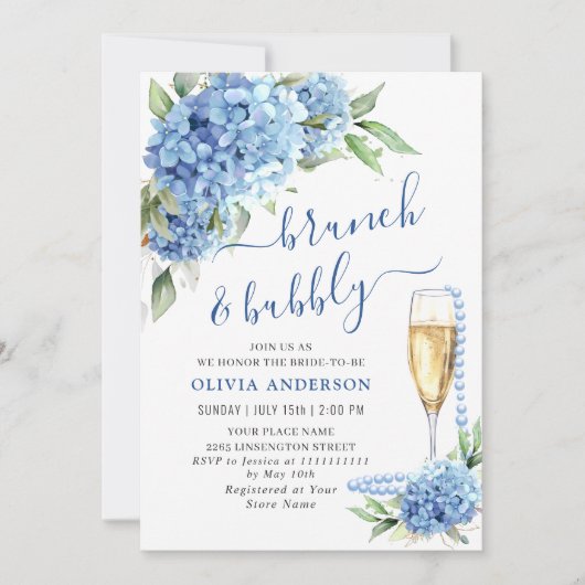 Invitation Blue Hydrangea Aquarelle Brunch floral et Bubbly (Devant)