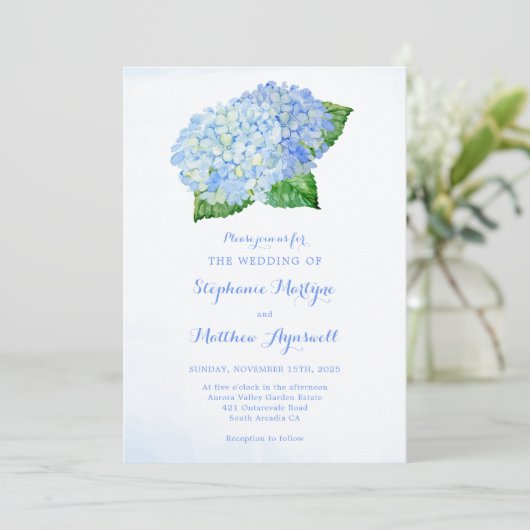 Invitation Blue Hydrangea Aquarelle Mariage Floral (Debout devant)