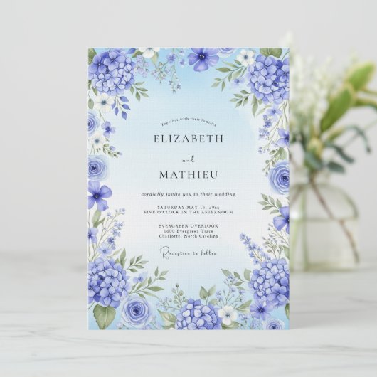 Invitation Blue Hydrangea Artistic Bloom Wedding (Debout devant)