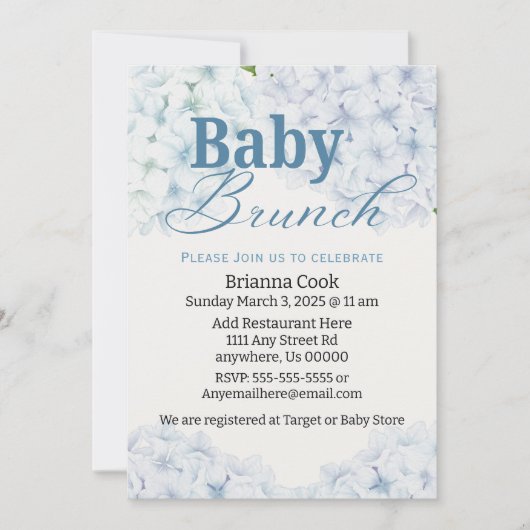 Invitation Blue Hydrangea Baby shower / Bébé Brunch Invitatio (Devant)