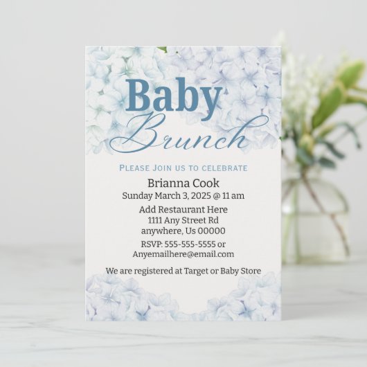 Invitation Blue Hydrangea Baby shower / Bébé Brunch Invitatio (Debout devant)