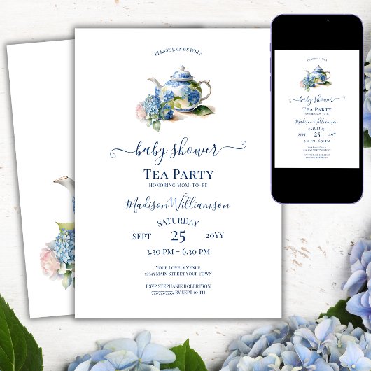 Invitation Blue Hydrangea Baby shower Tea Party