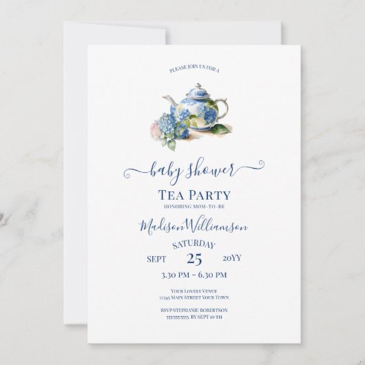 Invitation Blue Hydrangea Baby shower Tea Party QR code (Devant)