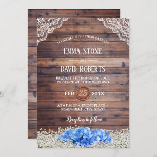 Invitation Blue Hydrangea Bébé's Breath Rustic Barn Mariage