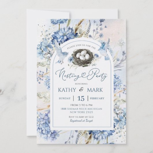 Invitation Blue Hydrangea Bird Nesting Party (Devant)