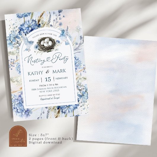 Invitation Blue Hydrangea Bird Nesting Party