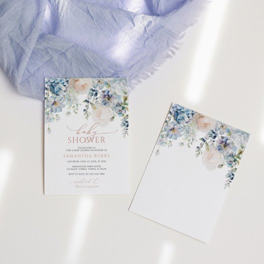 Invitation Blue Hydrangea & Blush Baby shower Rose