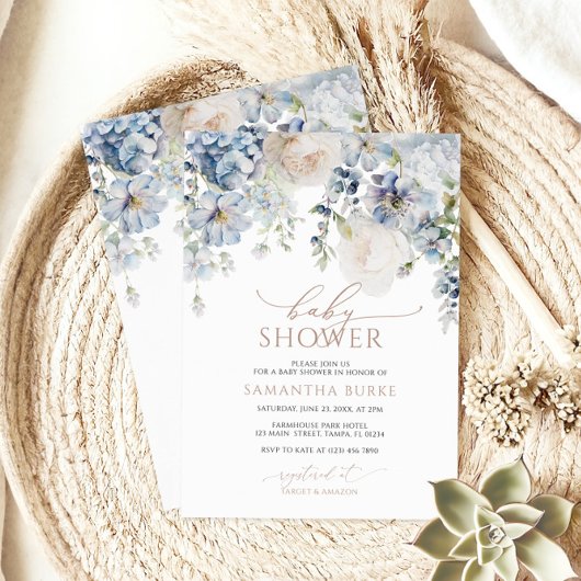 Invitation Blue Hydrangea & Blush Baby shower Rose