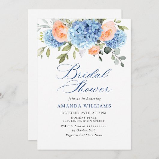 Invitation Blue Hydrangea Blush Rose Roses FÊTE DES MARIÉES (Devant / Derrière)