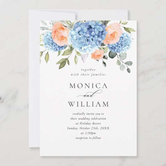 Invitation Blue Hydrangea Blush Rose Roses Mariage tout en un (Devant)