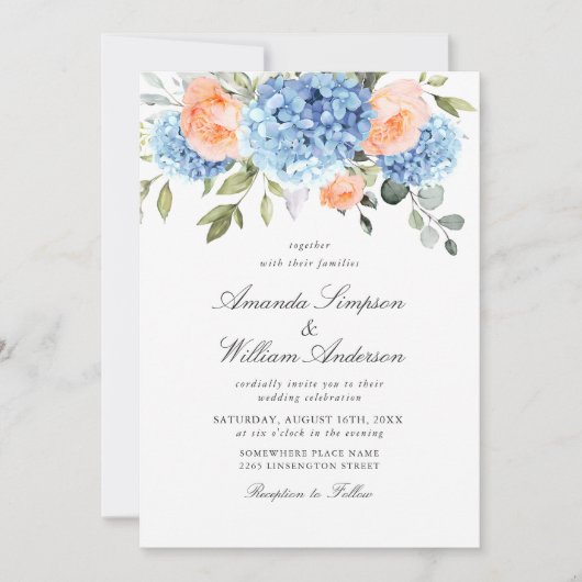 Invitation Blue Hydrangea Blush Rose Roses Mariage tout en un (Devant)