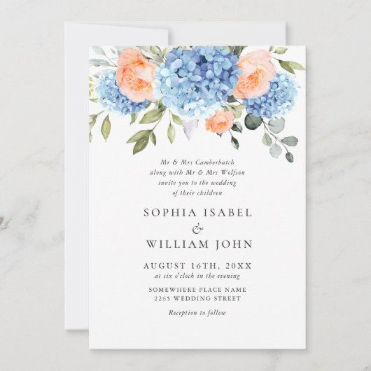 Invitation Blue Hydrangea Blush Rose Roses Mariage tout en un (Devant)