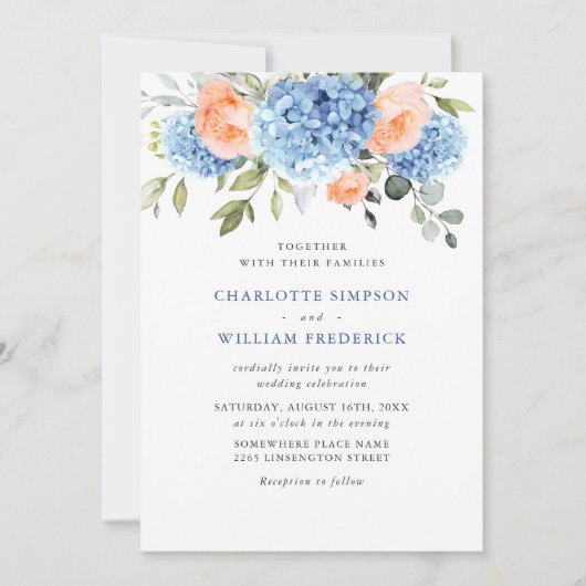 Invitation Blue Hydrangea Blush Rose Roses Mariage tout en un (Devant)