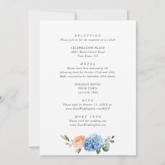 Invitation Blue Hydrangea Blush Rose Roses Mariage tout en un (Dos)