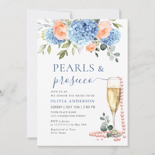 Invitation Blue Hydrangea Blush Roses rose PERLES & Prosecco (Devant)