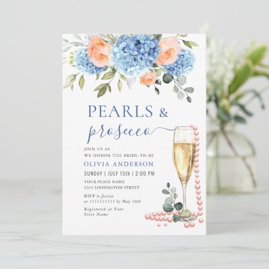 Invitation Blue Hydrangea Blush Roses rose PERLES & Prosecco (Debout devant)
