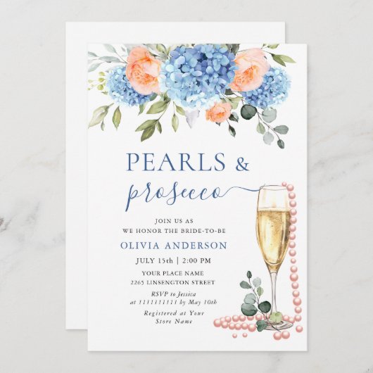Invitation Blue Hydrangea Blush Roses rose PERLES & Prosecco (Devant / Derrière)