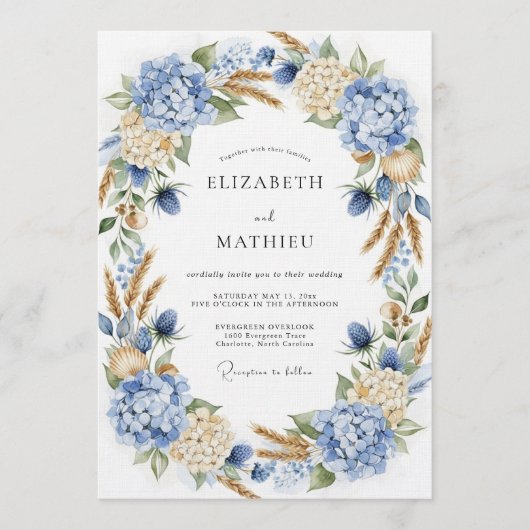 Invitation Blue Hydrangea Botanical Romance Wedding (Devant)